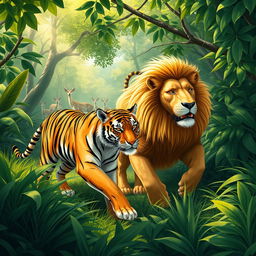 A captivating scene of a tiger and a lion hunting together in perfect harmony within a lush jungle