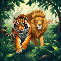 A captivating scene of a tiger and a lion hunting together in perfect harmony within a lush jungle