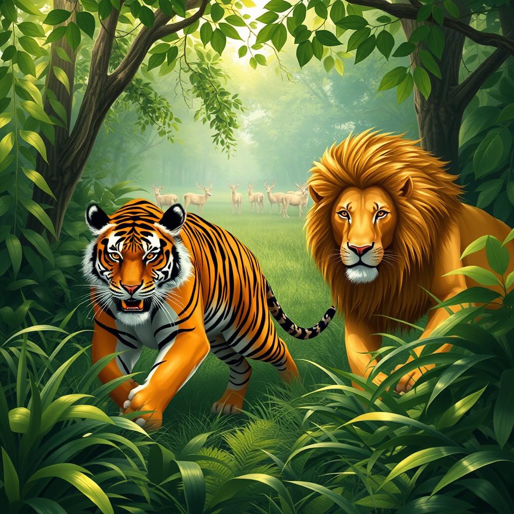 A captivating scene of a tiger and a lion hunting together in perfect harmony within a lush jungle