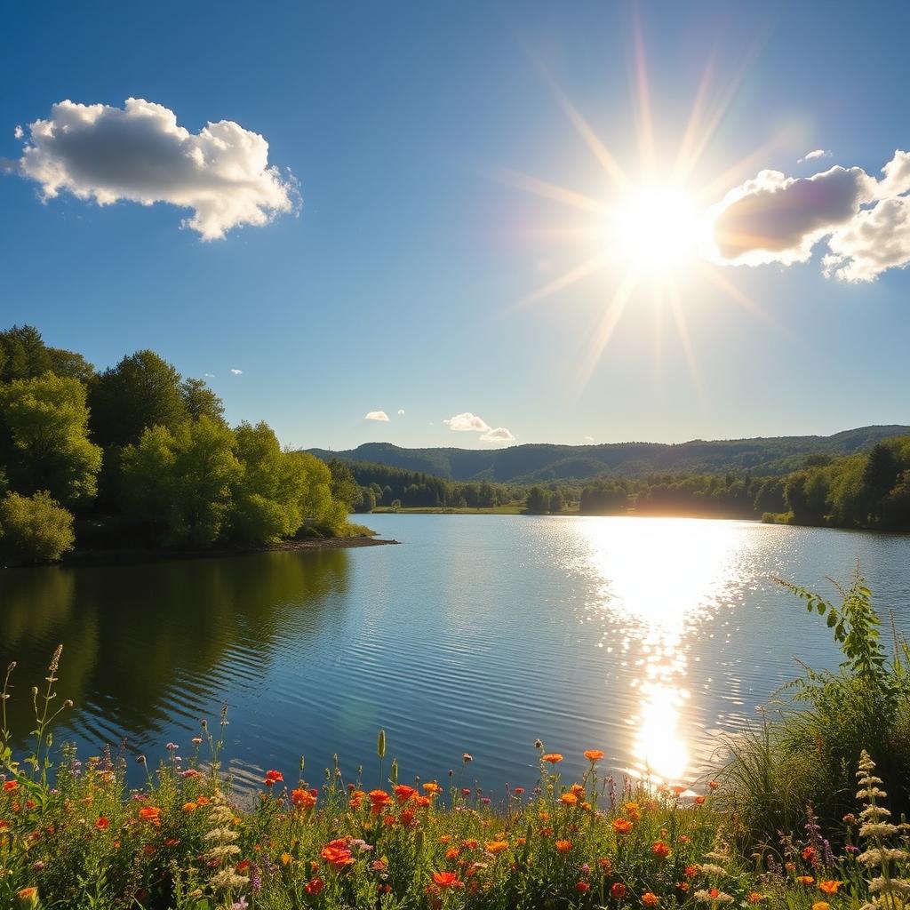 A bright, golden sun shining in a clear blue sky, casting warm rays of light across a picturesque landscape