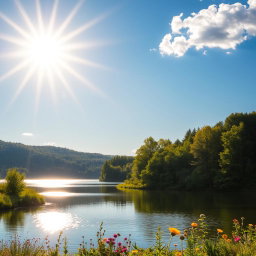 A bright, golden sun shining in a clear blue sky, casting warm rays of light across a picturesque landscape