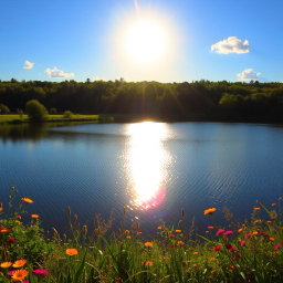 A bright, golden sun shining in a clear blue sky, casting warm rays of light across a picturesque landscape