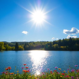 A bright, golden sun shining in a clear blue sky, casting warm rays of light across a picturesque landscape