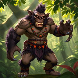 A fierce, dynamic character inspired by an ape, combining human features with powerful, muscular physique