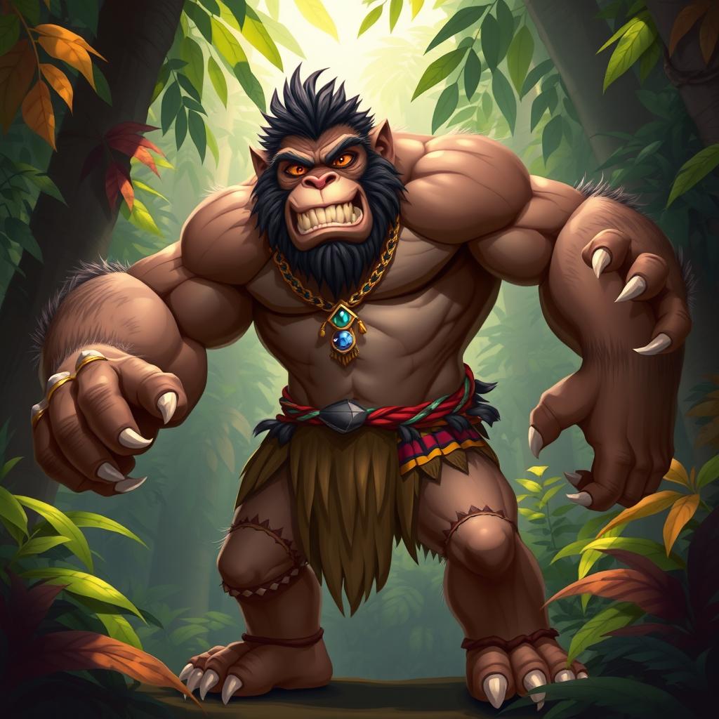 A fierce, dynamic character inspired by an ape, combining human features with powerful, muscular physique