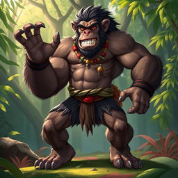 A fierce, dynamic character inspired by an ape, combining human features with powerful, muscular physique