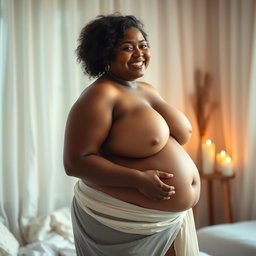 A chubby woman with natural beauty, standing confidently with an inviting smile, showcasing her alluring curves