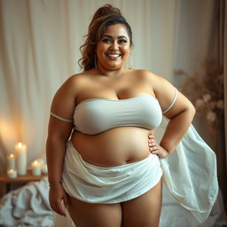 A chubby woman with natural beauty, standing confidently with an inviting smile, showcasing her alluring curves