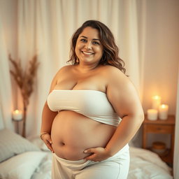 A chubby woman with natural beauty, standing confidently with an inviting smile, showcasing her alluring curves