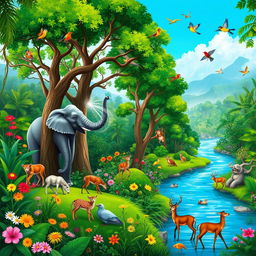 A beautiful, tranquil jungle filled with a variety of animals coexisting harmoniously in their natural habitat