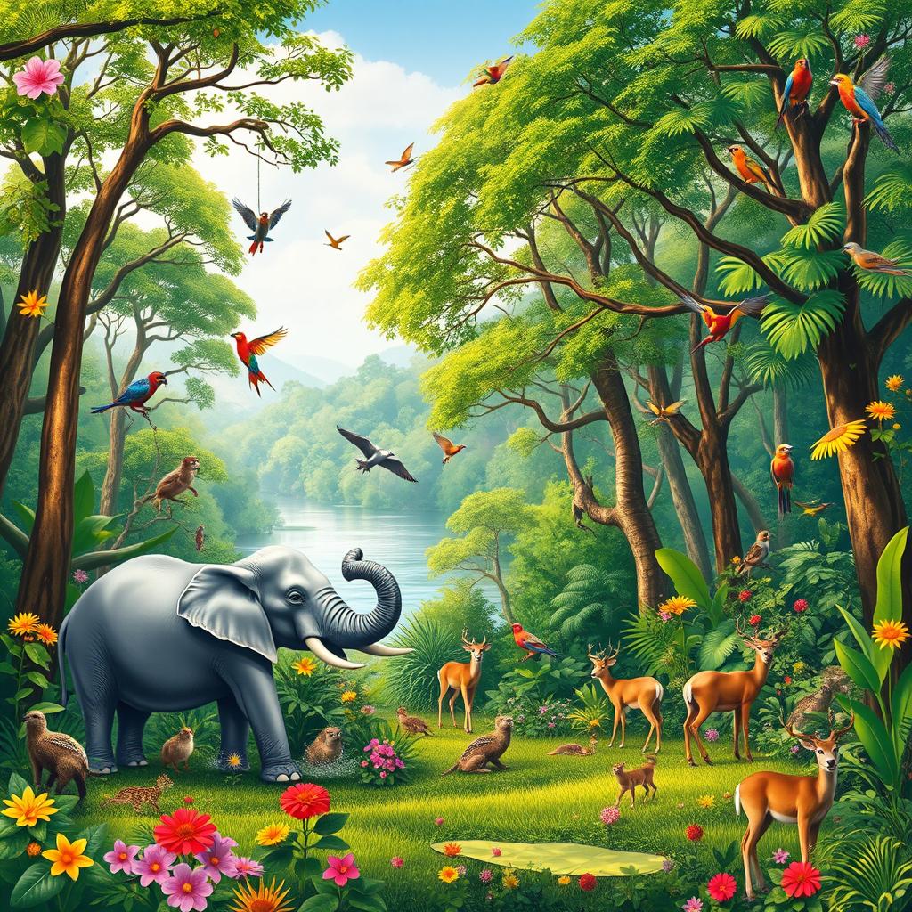 A beautiful, tranquil jungle filled with a variety of animals coexisting harmoniously in their natural habitat