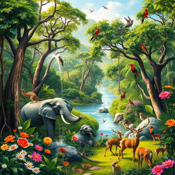 A beautiful, tranquil jungle filled with a variety of animals coexisting harmoniously in their natural habitat