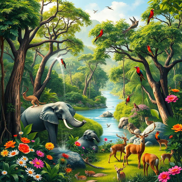 A beautiful, tranquil jungle filled with a variety of animals coexisting harmoniously in their natural habitat