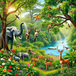A beautiful, tranquil jungle filled with a variety of animals coexisting harmoniously in their natural habitat