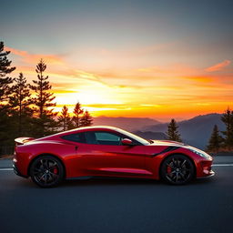 A vibrant, high-performance sports car parked on a scenic mountain road during sunset