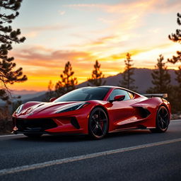 A vibrant, high-performance sports car parked on a scenic mountain road during sunset