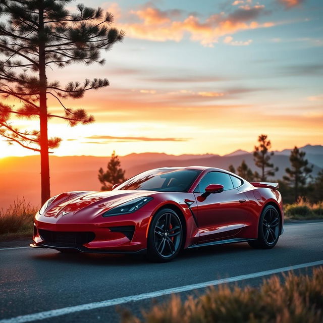 A vibrant, high-performance sports car parked on a scenic mountain road during sunset