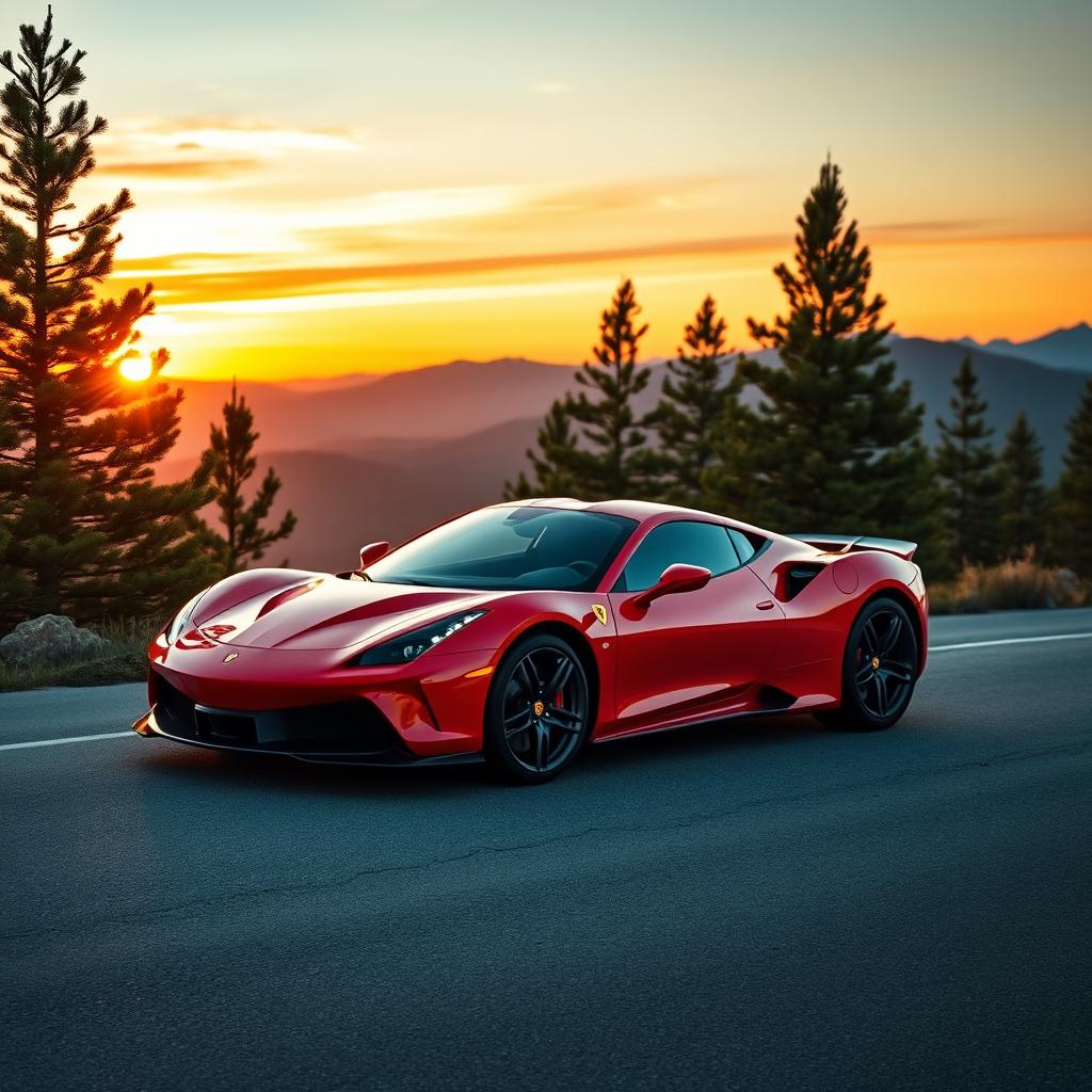 A vibrant, high-performance sports car parked on a scenic mountain road during sunset