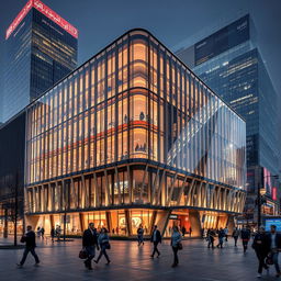 A futuristic building combined with Iranian architecture, featuring glass with metal frames, set in a bustling city during nighttime with vibrant lighting