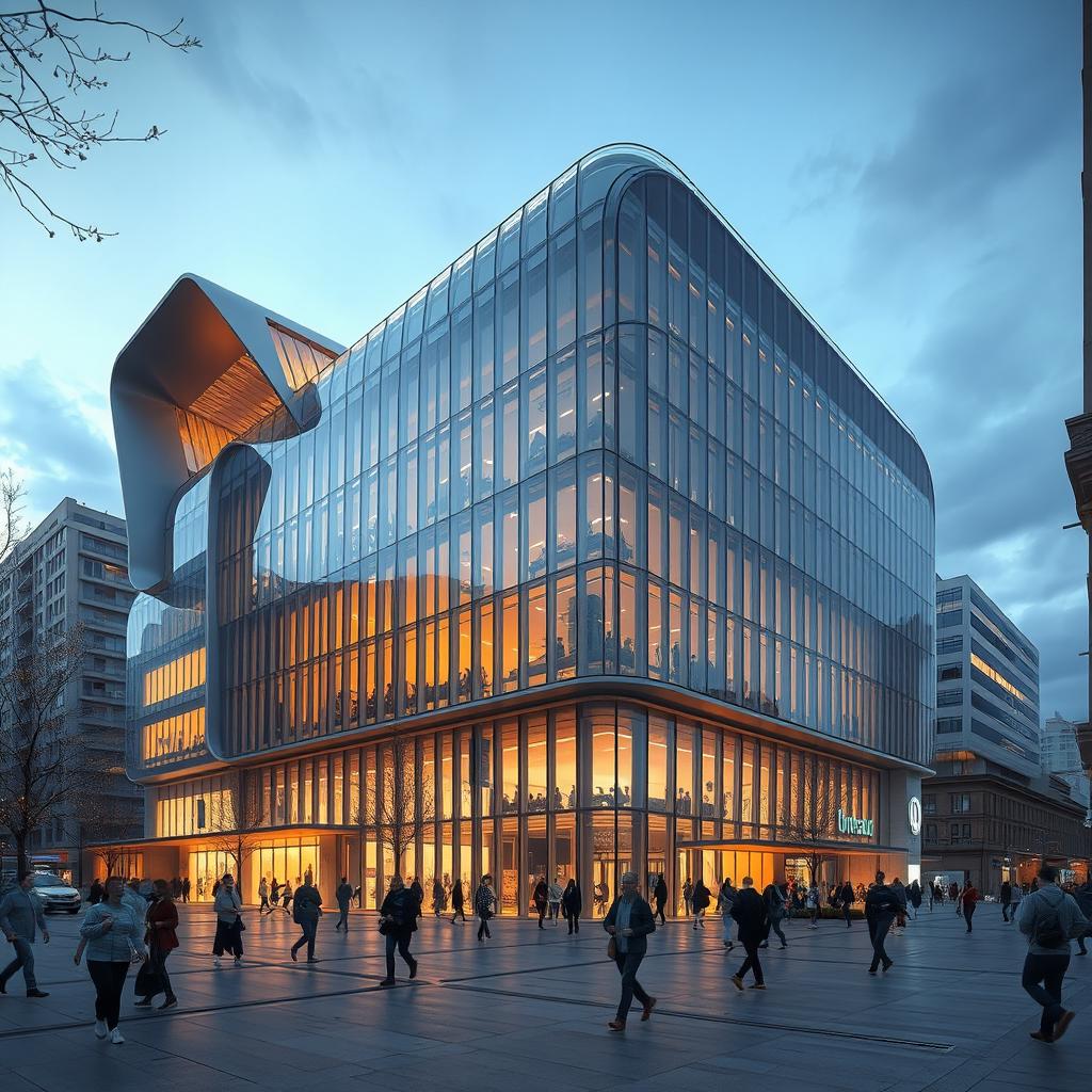 A futuristic building combined with Iranian architecture, featuring glass with metal frames, set in a bustling city during nighttime with vibrant lighting