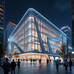 A futuristic building combined with Iranian architecture, featuring glass with metal frames, set in a bustling city during nighttime with vibrant lighting