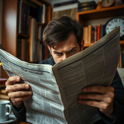A person furiously reading a newspaper, their face partially obscured, revealing only their intense eyes
