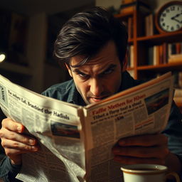 A person furiously reading a newspaper, their face partially obscured, revealing only their intense eyes
