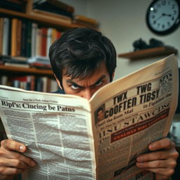 A person furiously reading a newspaper, their face partially obscured, revealing only their intense eyes