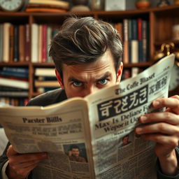 A person furiously reading a newspaper, their face partially obscured, revealing only their intense eyes