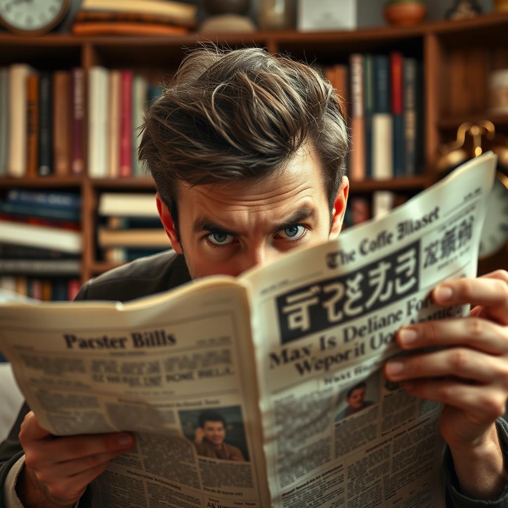 A person furiously reading a newspaper, their face partially obscured, revealing only their intense eyes