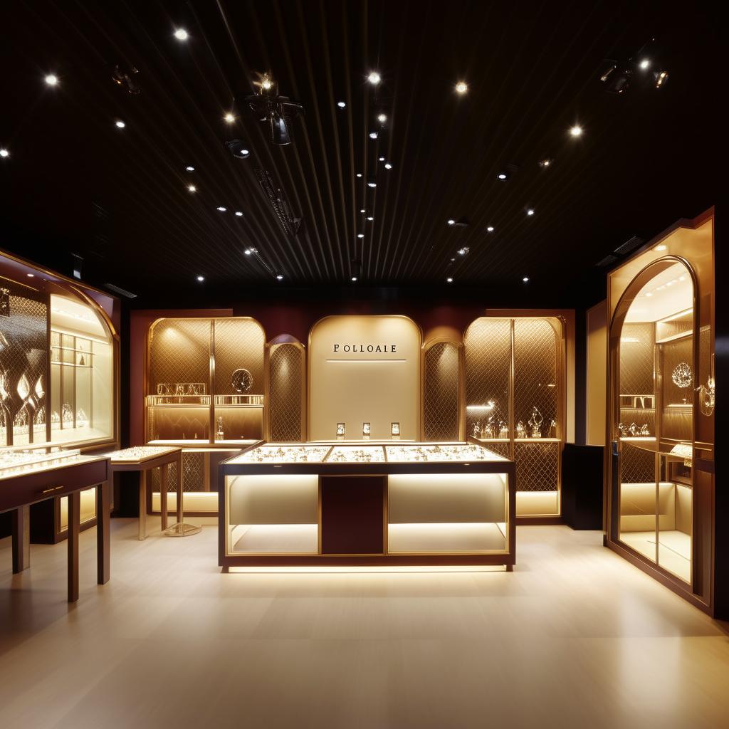 A 25 feet by 10 feet jewellery shop, showcasing sophisticated and elegant design elements.