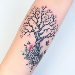 A detailed and intricate tattoo design featuring nature elements such as a majestic tree with sprawling branches, blooming flowers surrounding the base, and small animals like birds and butterflies integrated into the scene