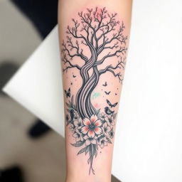 A detailed and intricate tattoo design featuring nature elements such as a majestic tree with sprawling branches, blooming flowers surrounding the base, and small animals like birds and butterflies integrated into the scene