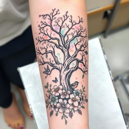 A detailed and intricate tattoo design featuring nature elements such as a majestic tree with sprawling branches, blooming flowers surrounding the base, and small animals like birds and butterflies integrated into the scene