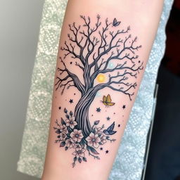 A detailed and intricate tattoo design featuring nature elements such as a majestic tree with sprawling branches, blooming flowers surrounding the base, and small animals like birds and butterflies integrated into the scene