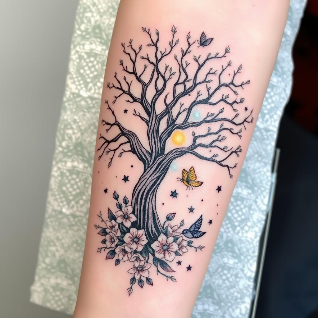 A detailed and intricate tattoo design featuring nature elements such as a majestic tree with sprawling branches, blooming flowers surrounding the base, and small animals like birds and butterflies integrated into the scene