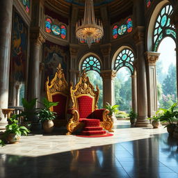 A magnificent royal throne room, designed for a fantasy novel cover, featuring an ornate throne adorned with intricate gold patterns and rich velvet upholstery