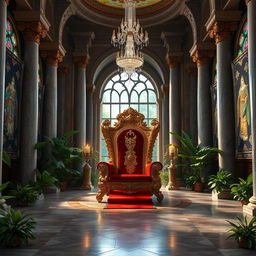 A magnificent royal throne room, designed for a fantasy novel cover, featuring an ornate throne adorned with intricate gold patterns and rich velvet upholstery