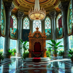 A magnificent royal throne room, designed for a fantasy novel cover, featuring an ornate throne adorned with intricate gold patterns and rich velvet upholstery