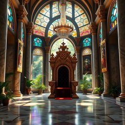 A magnificent royal throne room, designed for a fantasy novel cover, featuring an ornate throne adorned with intricate gold patterns and rich velvet upholstery