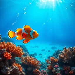 A vibrant underwater scene featuring a colorful fish swimming gracefully in a coral reef
