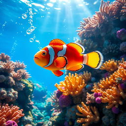A vibrant underwater scene featuring a colorful fish swimming gracefully in a coral reef