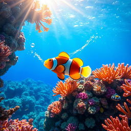 A vibrant underwater scene featuring a colorful fish swimming gracefully in a coral reef