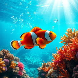 A vibrant underwater scene featuring a colorful fish swimming gracefully in a coral reef