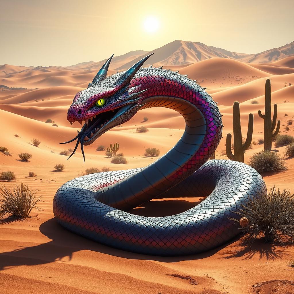 A mythical desert creature, depicted as a fierce, fantastical serpent