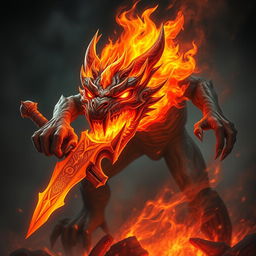 A ferocious creature inspired by fire, designed as a flaming sword