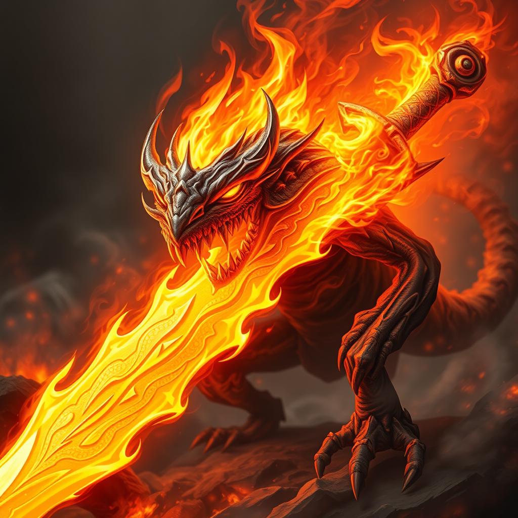 A ferocious creature inspired by fire, designed as a flaming sword