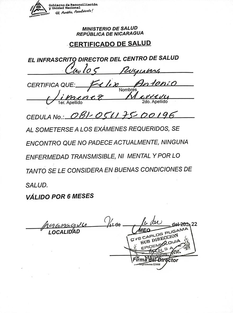 A health certificate template with a top section that includes the Ministry of Health title in bold, centered