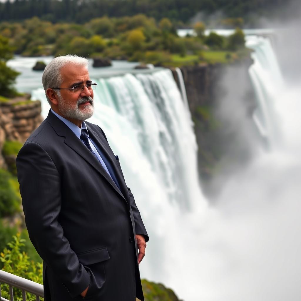 Mohammad Javad Zarif, the former Iranian foreign minister, standing by the majestic Niagara Falls, surrounded by the mist and the sound of cascading water, with a backdrop of lush greenery and the iconic fall's blue waters crashing down