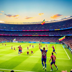 A thrilling football match between Persepolis and Barcelona taking place at Maracanã Stadium, filled with enthusiastic fans waving flags and cheering